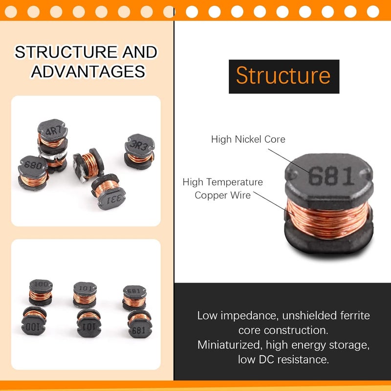 Rustark 141Pcs 14 Values CD54 SMD Power Inductors Assortment Kit with Storage Box 2.2uH - 680uH Chip Inductors 5.8mm Wire Wound Chip - Image 4